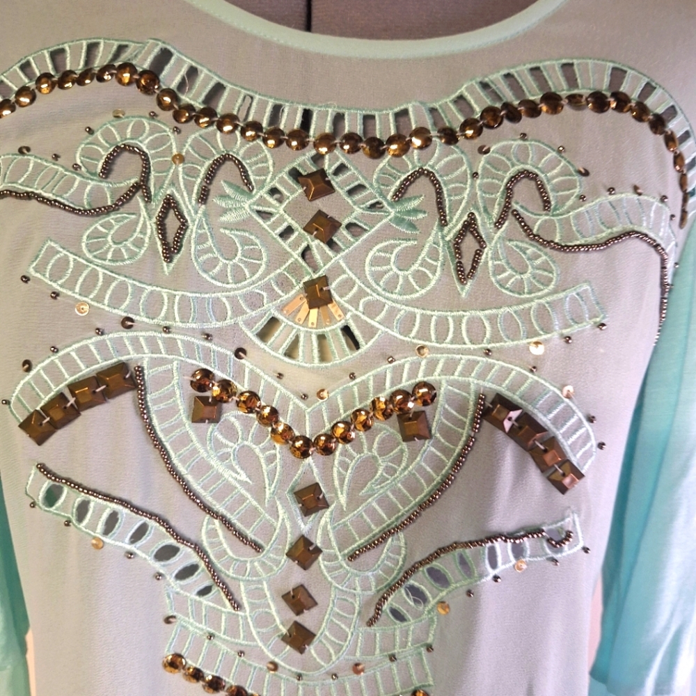 BKE Sea Green Sheer Embellished  Top Size Sm